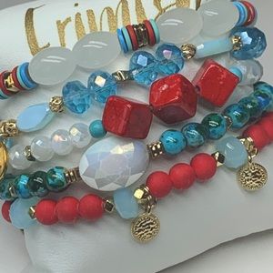 EUC Erimish Red Turquoise Stack 5 stretch bracelets gold accent multi charms